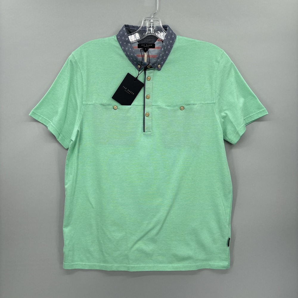 Ted Baker Polo Shirt Mens Large Green Woven Collar Chest Pocket Short Sleeve NEW